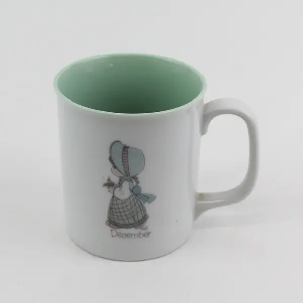 1987 Vintage Enesco Precious Moments Green White December Coffee Mug Cup
