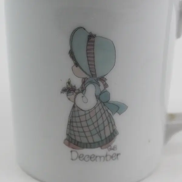 1987 Vintage Enesco Precious Moments Green White December Coffee Mug Cup
