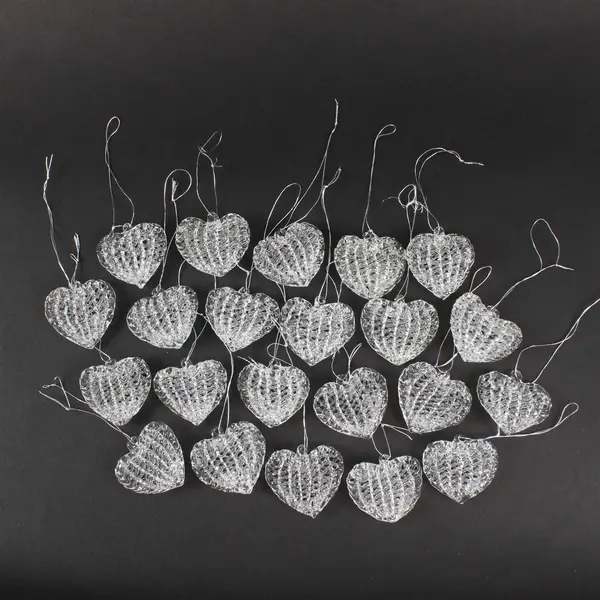 Lot Of 22 Unbranded Hand-Blown Spun Glass Heart Hanging Ornaments Silver String