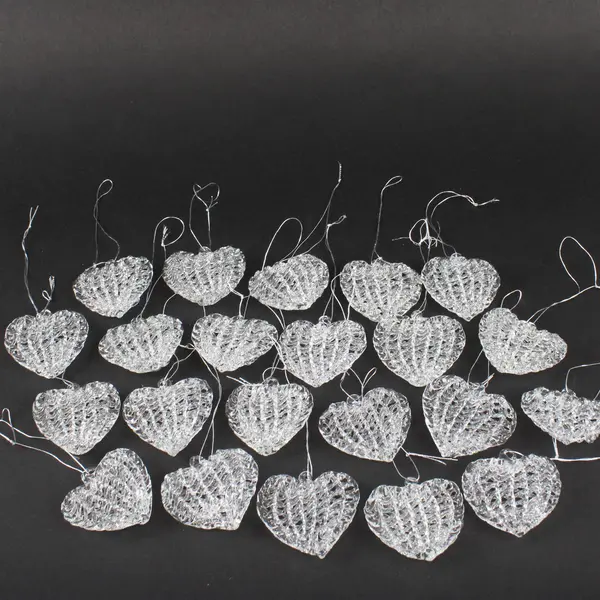 Lot Of 22 Unbranded Hand-Blown Spun Glass Heart Hanging Ornaments Silver String