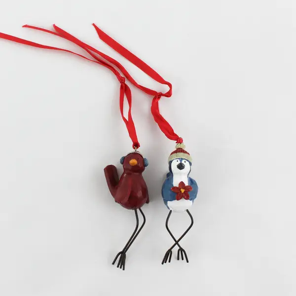 Set of 2 Russ Berrie & Co. Bird Ornaments w/Wire Feet Red & Blue