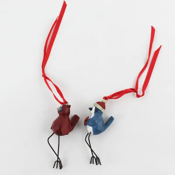 Set of 2 Russ Berrie & Co. Bird Ornaments w/Wire Feet Red & Blue