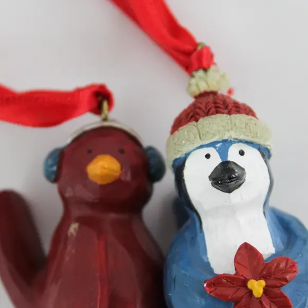 Set of 2 Russ Berrie & Co. Bird Ornaments w/Wire Feet Red & Blue