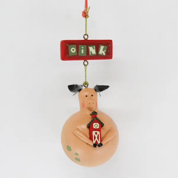 Handcrafted Gourd Pig Christmas Ornament Holding Red Barn 'Oink'