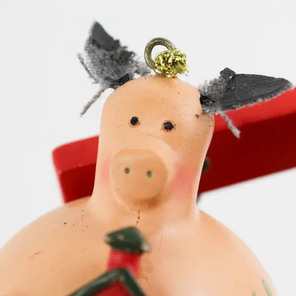Handcrafted Gourd Pig Christmas Ornament Holding Red Barn 'Oink'