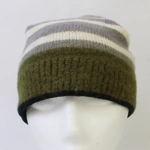 Men's Wool Knit Hat Multicolor Beanie Fleece Lined Brown White Gray Stripe Adult