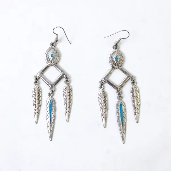 SW 91 Southwestern-Style Inlaid Turquoise Silver-Tone Dangle Earrings