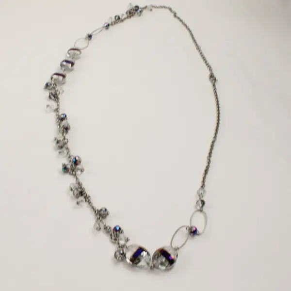 Shimmery Glass Beaded Silver-Tone Statement Necklace 38"
