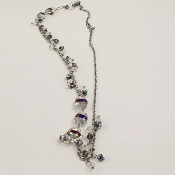 Shimmery Glass Beaded Silver-Tone Statement Necklace 38"