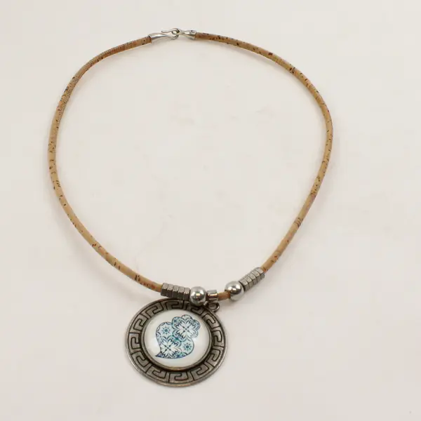 Round Tile Pattern Pendant Cork Cord Necklace 18"