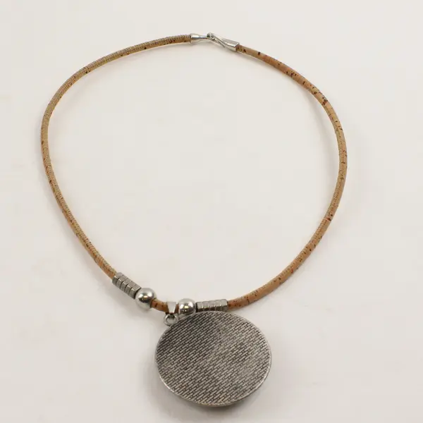 Round Tile Pattern Pendant Cork Cord Necklace 18"