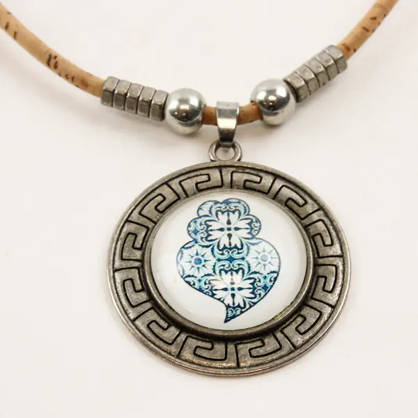 Round Tile Pattern Pendant Cork Cord Necklace 18"