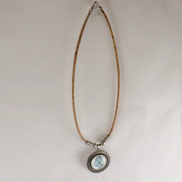 Round Tile Pattern Pendant Cork Cord Necklace 18"