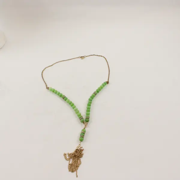 Charming Charlie Green Stone Beaded Gold-Tone Tassel Necklace 28"