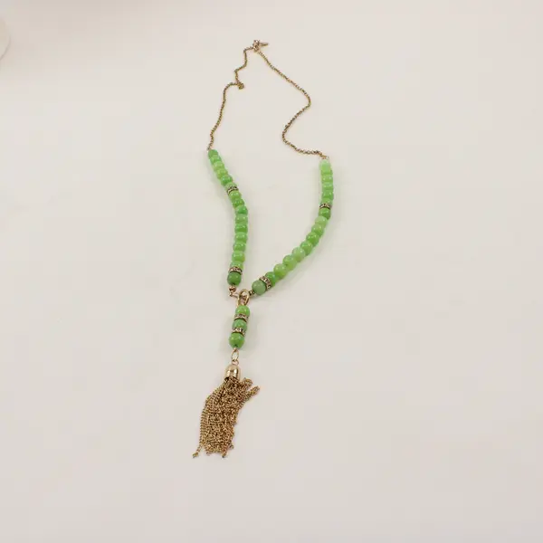 Charming Charlie Green Stone Beaded Gold-Tone Tassel Necklace 28"