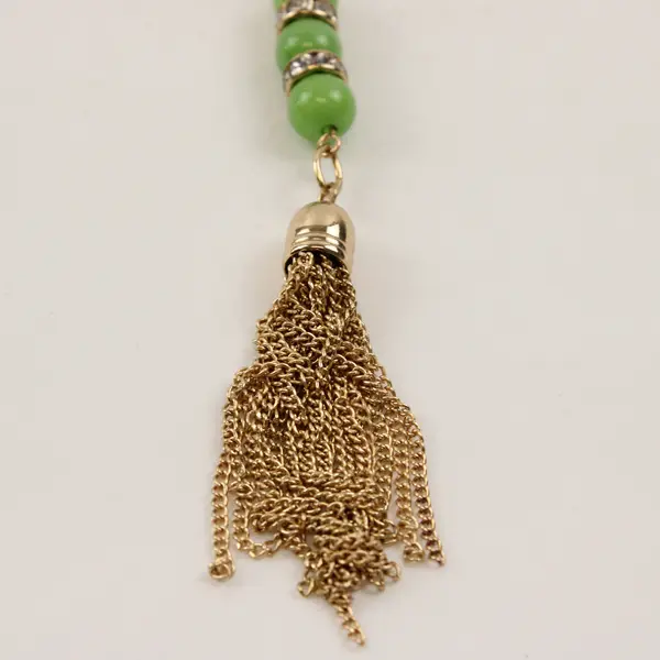 Charming Charlie Green Stone Beaded Gold-Tone Tassel Necklace 28"