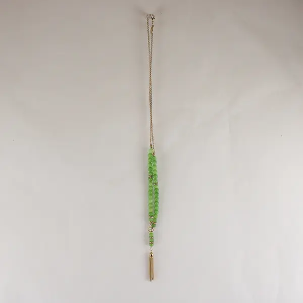 Charming Charlie Green Stone Beaded Gold-Tone Tassel Necklace 28"