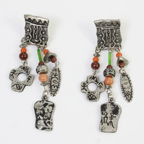 Vintage Southwestern-Style Beaded Silver-Tone Dangle Earrings