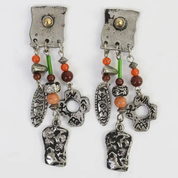 Vintage Southwestern-Style Beaded Silver-Tone Dangle Earrings
