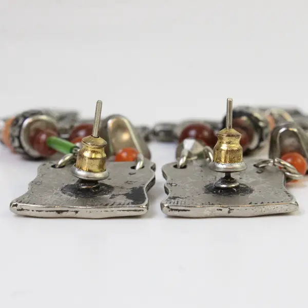 Vintage Southwestern-Style Beaded Silver-Tone Dangle Earrings