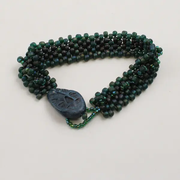 Handmade Blue and Green Beaded Boho Button Clasp Bracelet