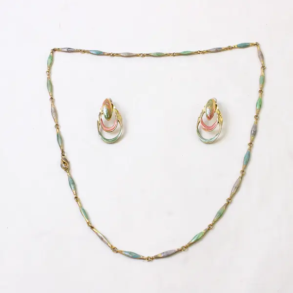Vintage Pastel Pink & Green Swirled Enamel Necklace & Earrings Demi-Parure Set
