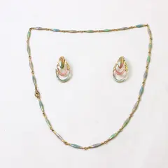 Vintage Pastel Pink & Green Swirled Enamel Necklace & Earrings Demi-Parure Set