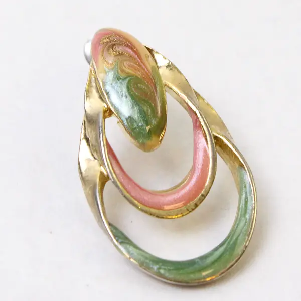 Vintage Pastel Pink & Green Swirled Enamel Necklace & Earrings Demi-Parure Set