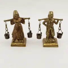 Set of 2 Vintage Brass Dutch Boy and Girl Carrying Water Pails Figures 4"