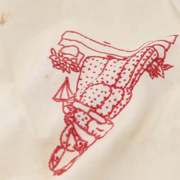 Set of 3 Vintage Red Embroidered Girl in Gown Off-White Tea Towels FLAWED