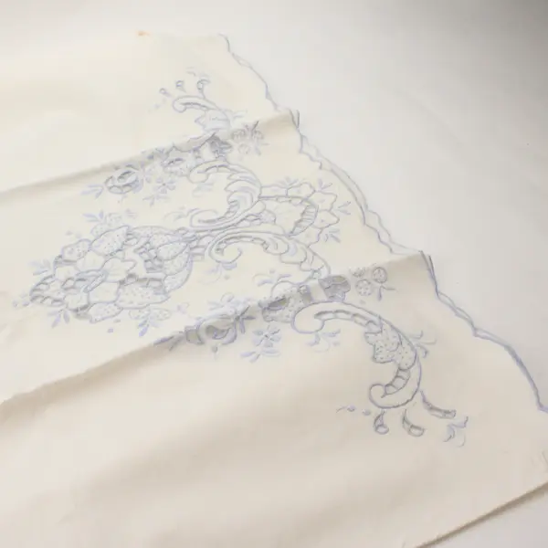 Set of 2 Vintage Blue Floral Embroidered Cutwork Off-White Tea Towels FLAWED