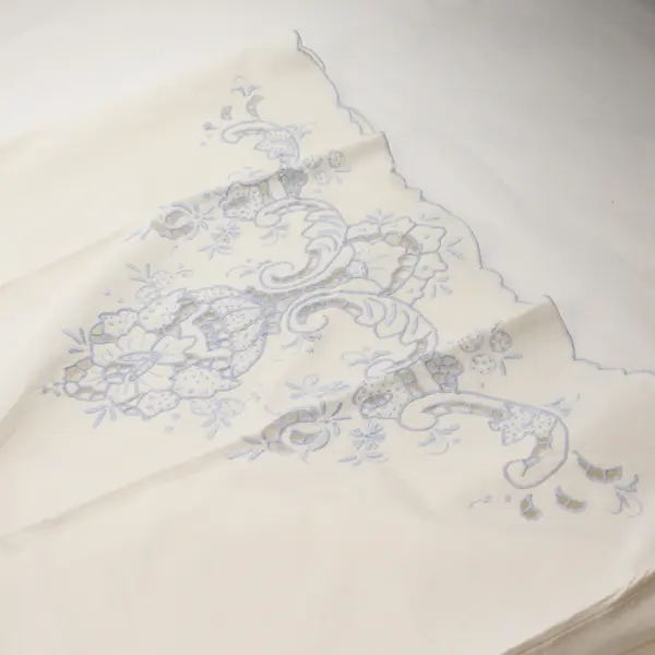 Set of 2 Vintage Blue Floral Embroidered Cutwork Off-White Tea Towels FLAWED