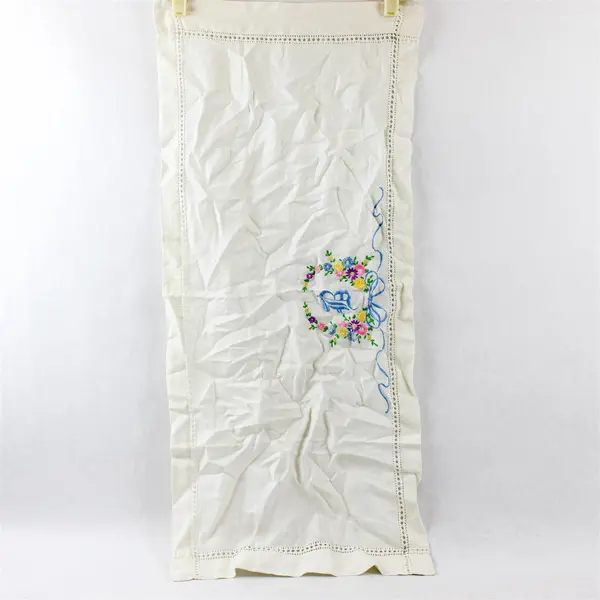Vintage Pastel Floral Embroidered B Monogram Off-White Dresser Scarf 14" x 33"
