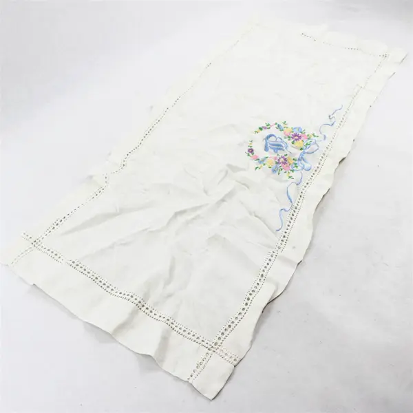 Vintage Pastel Floral Embroidered B Monogram Off-White Dresser Scarf 14" x 33"