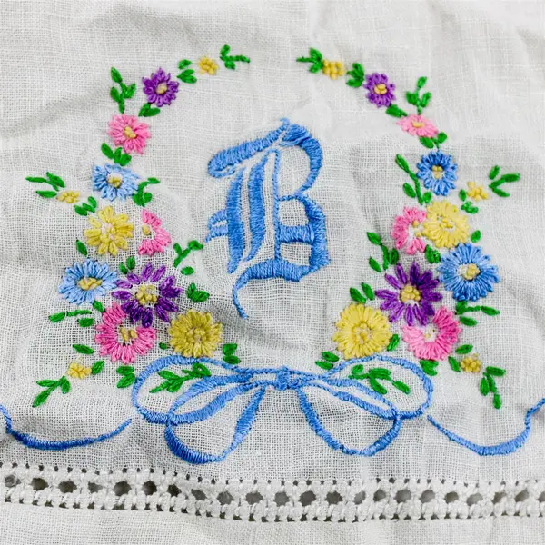 Vintage Pastel Floral Embroidered B Monogram Off-White Dresser Scarf 14" x 33"