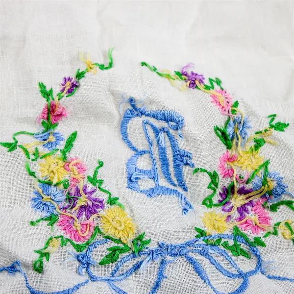 Vintage Pastel Floral Embroidered B Monogram Off-White Dresser Scarf 14" x 33"