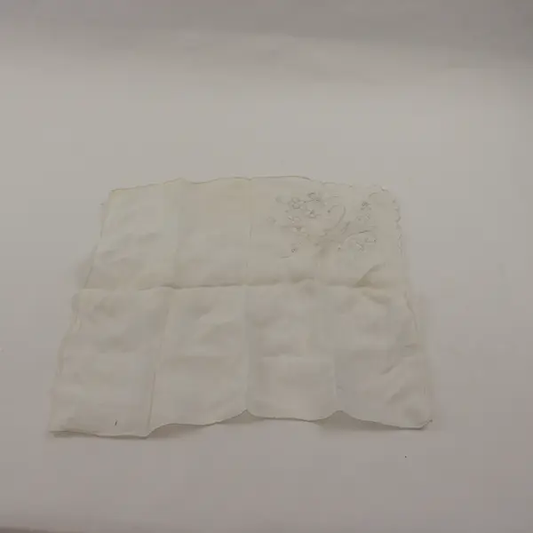 Vintage Floral Embroidered M Monogram Off-White Scalloped Edge Handkerchief