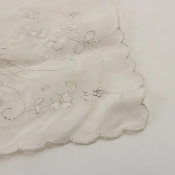 Vintage Floral Embroidered M Monogram Off-White Scalloped Edge Handkerchief