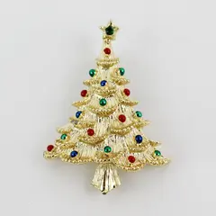 Gerry’s Christmas Tree Brooch Pin Gold Color Enamel  Red and Green Balls