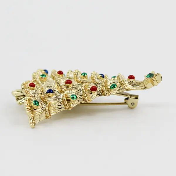 Gerry’s Christmas Tree Brooch Pin Gold Color Enamel  Red and Green Balls