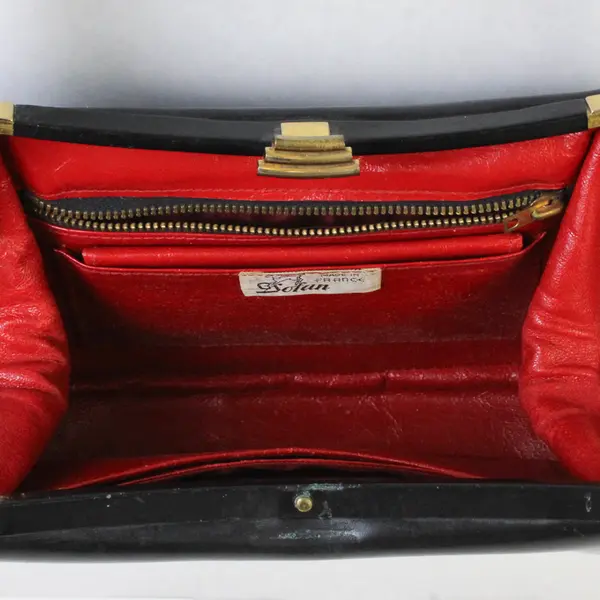 VTG Dofan Made in France 1950's Black Leather/Red Interior Small Purse