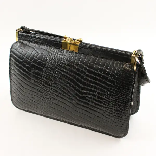Vintage Black Leather & Crocodile w/ Gold-Toned Hardware Handbag