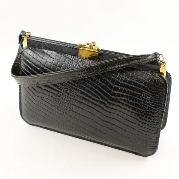 Vintage Black Leather & Crocodile w/ Gold-Toned Hardware Handbag