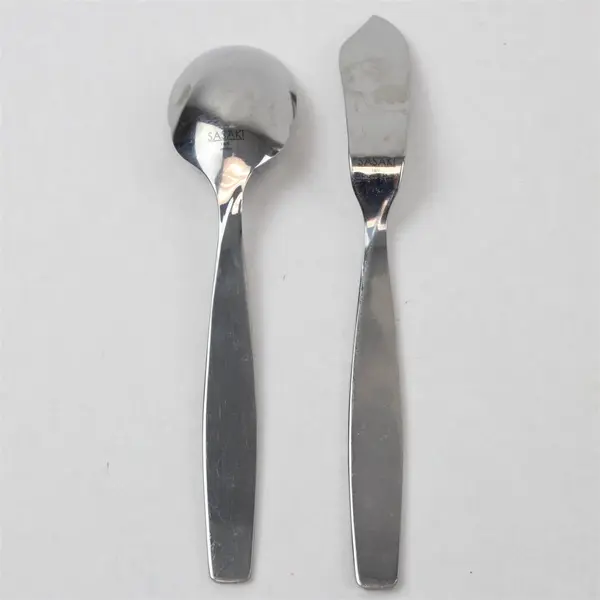 Lot of 2 Sasaki Flatware Axis Pattern 18/0 SS Butter Knife Sugar Spoon Good Rare