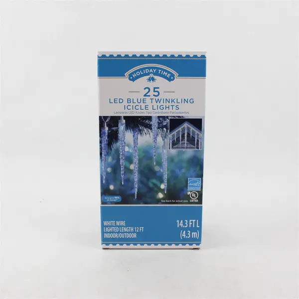 Box of 25 Holiday Time LED Blue Twinkling Icicle Lights, 12 Ft. White Wire 