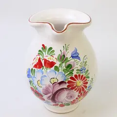 Chodovia White With Multicolor Floral Pattern Ceramic Jug Czechoslovakia 7" Tall