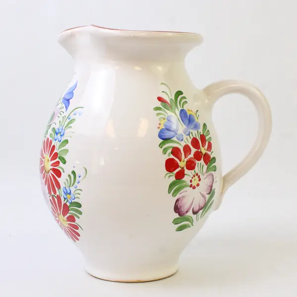 Chodovia White With Multicolor Floral Pattern Ceramic Jug Czechoslovakia 7" Tall
