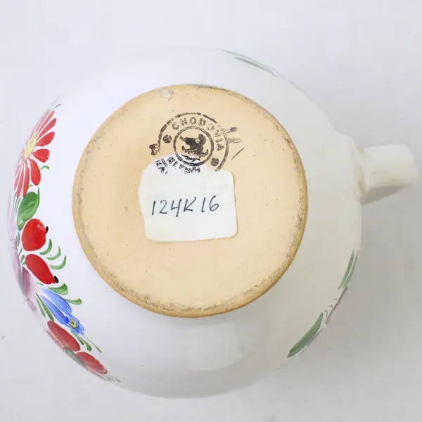 Chodovia White With Multicolor Floral Pattern Ceramic Jug Czechoslovakia 7" Tall