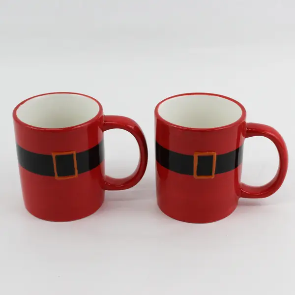 Set of 2 Red Santa Suit Ceramic Coffee Mugs with Belt Holiday