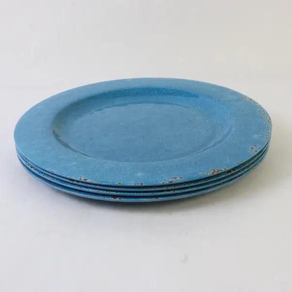 Set of 4 Studio California Carmelo Turquoise Crackle Melamine Dinner Plates 